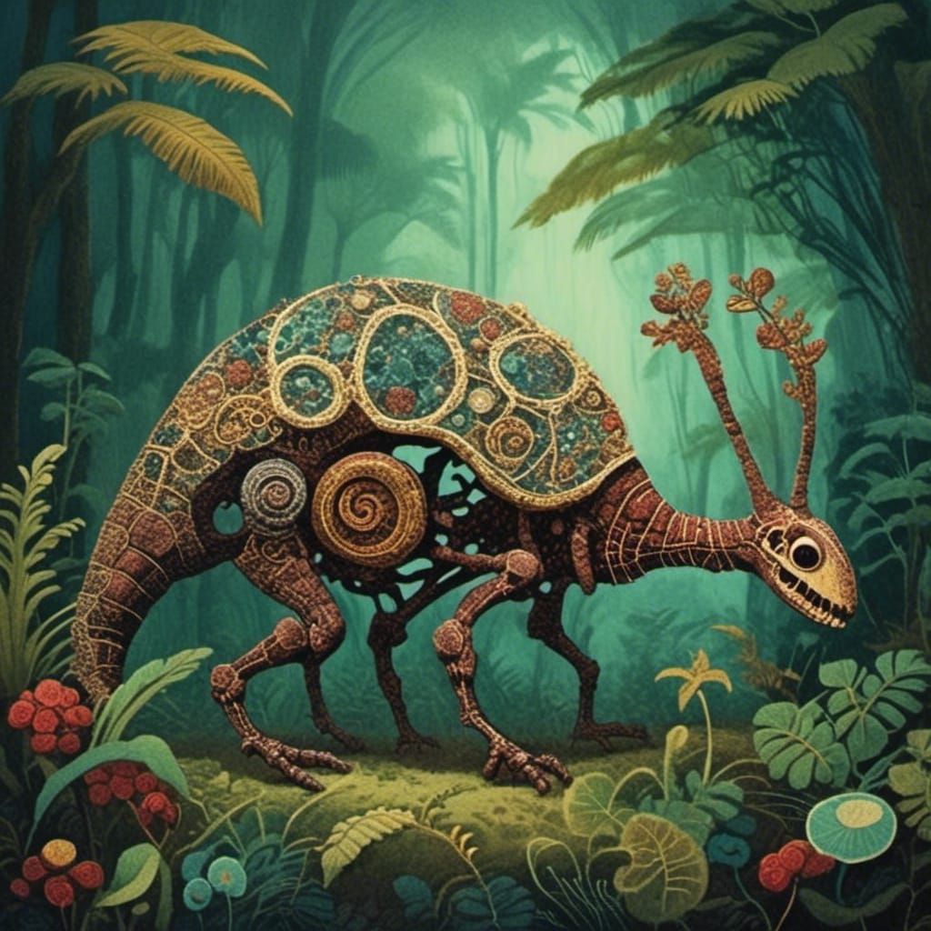 Bejeweled Dinosaur Skeleton in Prehistoric Jungle