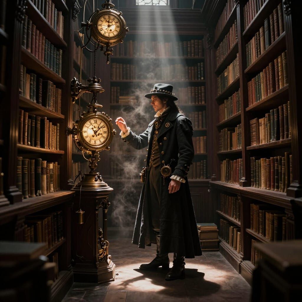 Steampunk Librarian in Dusty Ancient Library