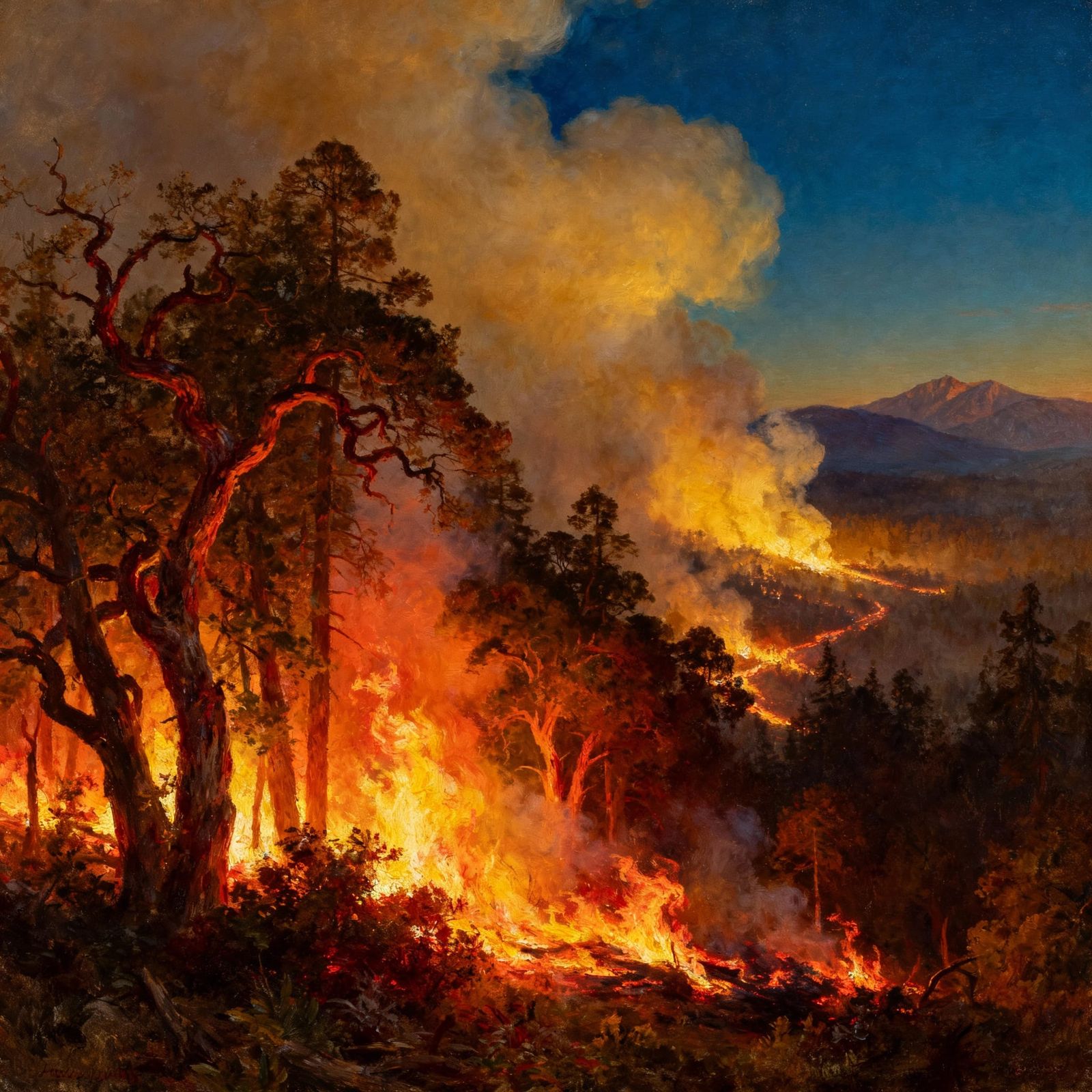 Fiery Forest Blaze at Twilight in Painterly Style