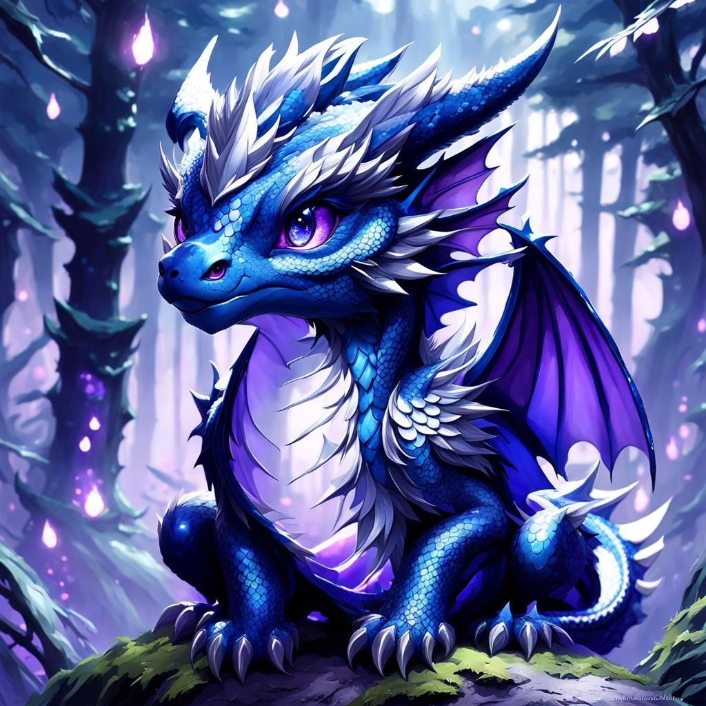 Chibi Navy Dragon in Enchanting Forest Art
