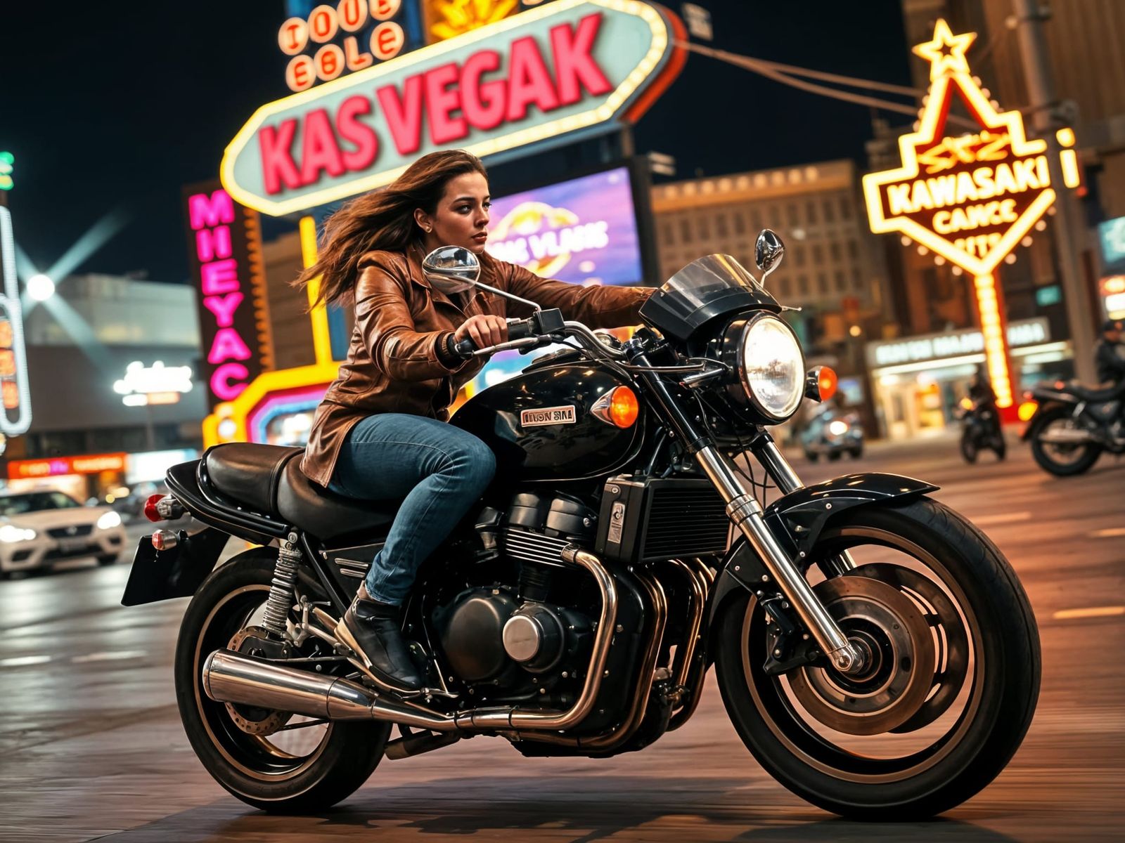 Woman Rides Kawasaki Z1300 Through Neon Las Vegas Night