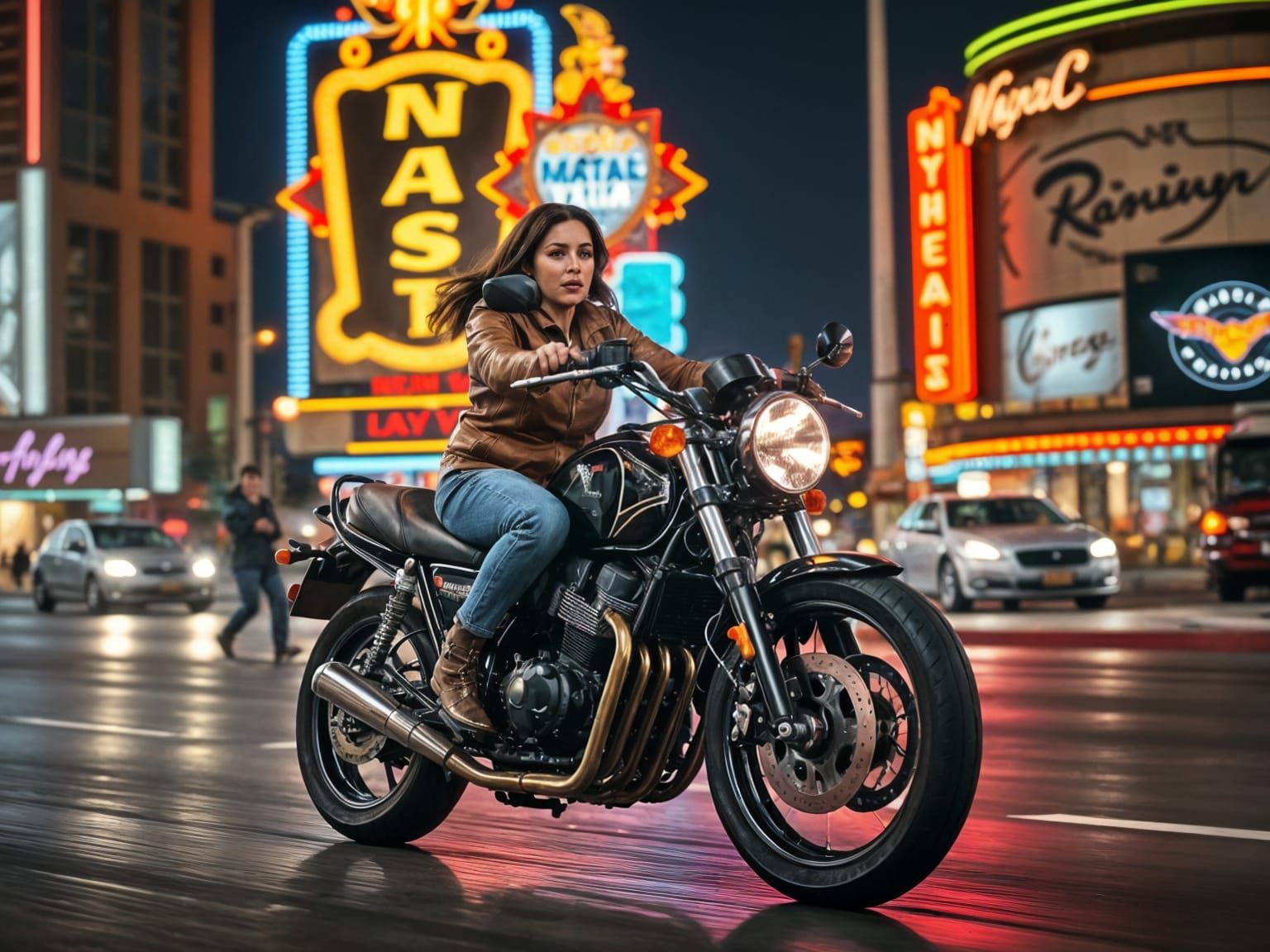 Woman Rides Kawasaki Z1300 Through Las Vegas at Night