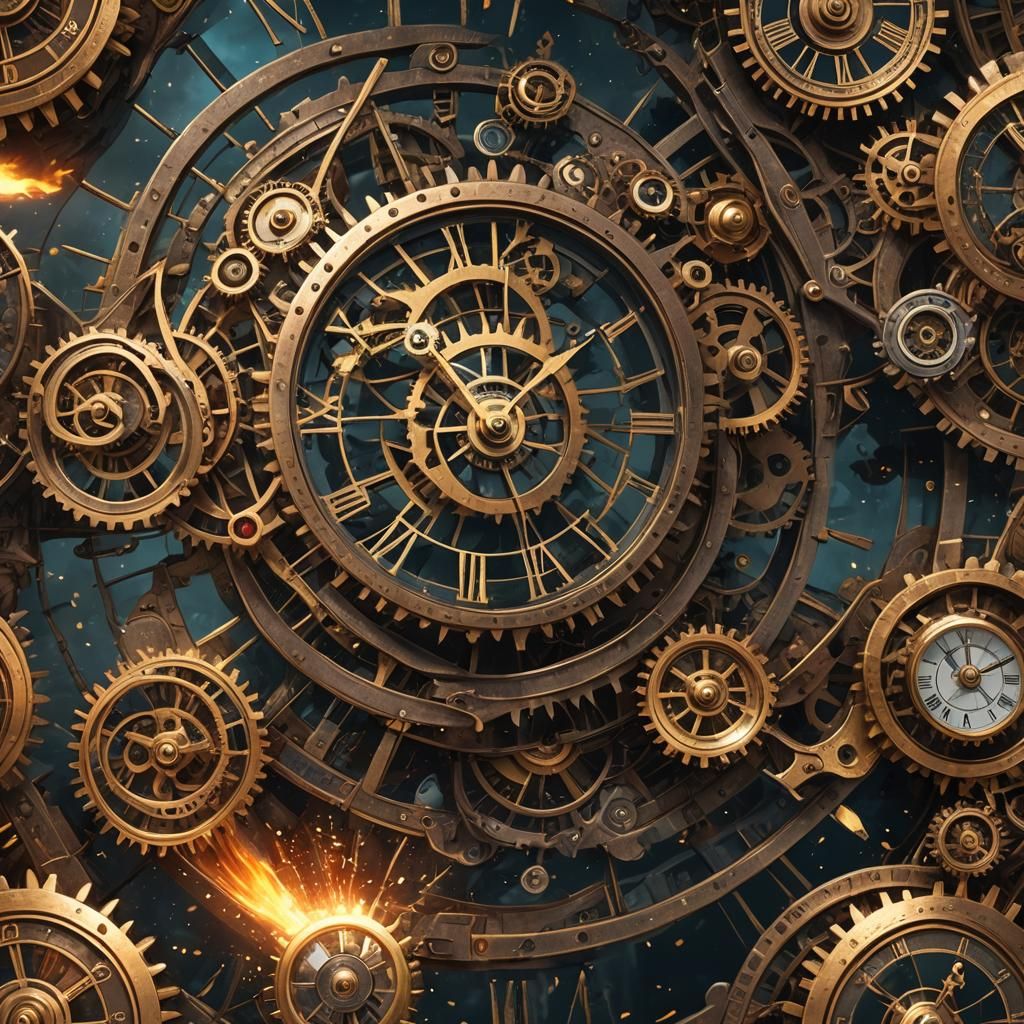 Steampunk Clocks Exploding with Flying Cogs