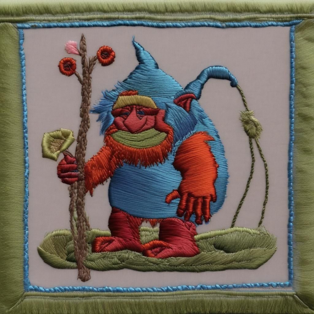 Embroidered Troll in Forest, Contrasting Colors