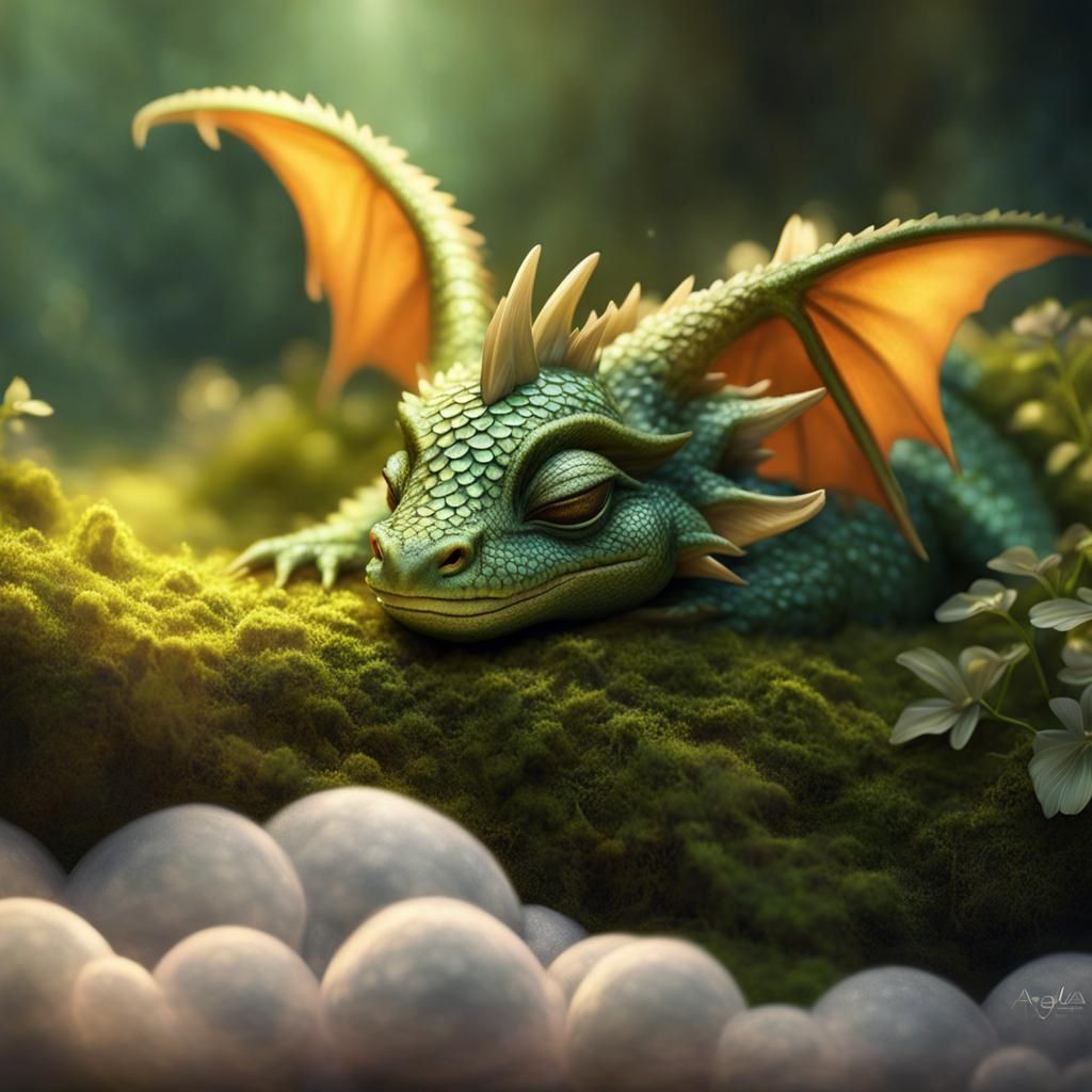 Adorable Sleeping Baby Dragon in Digital Painting Style
