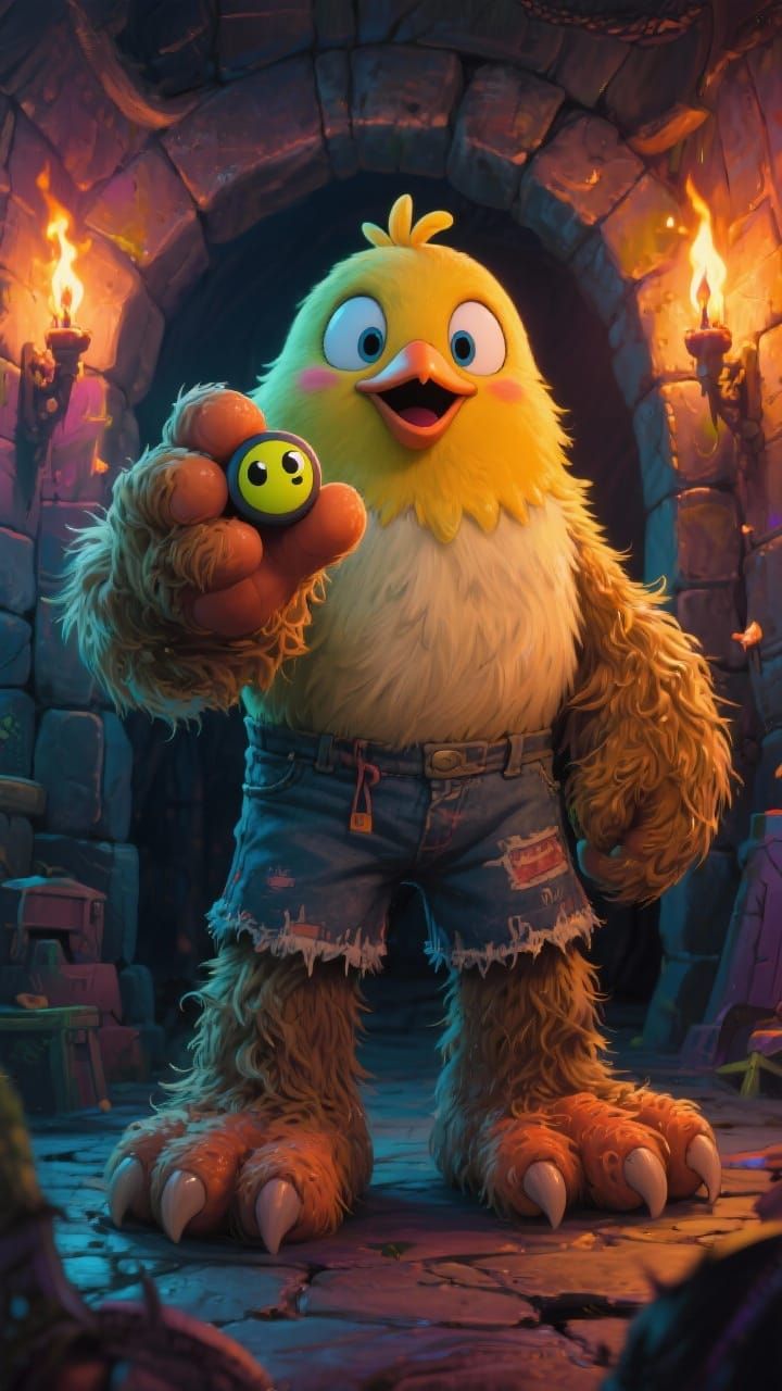 Giant Hairy Tweety Bird Holds Pac-Man in Torchlit Dungeon