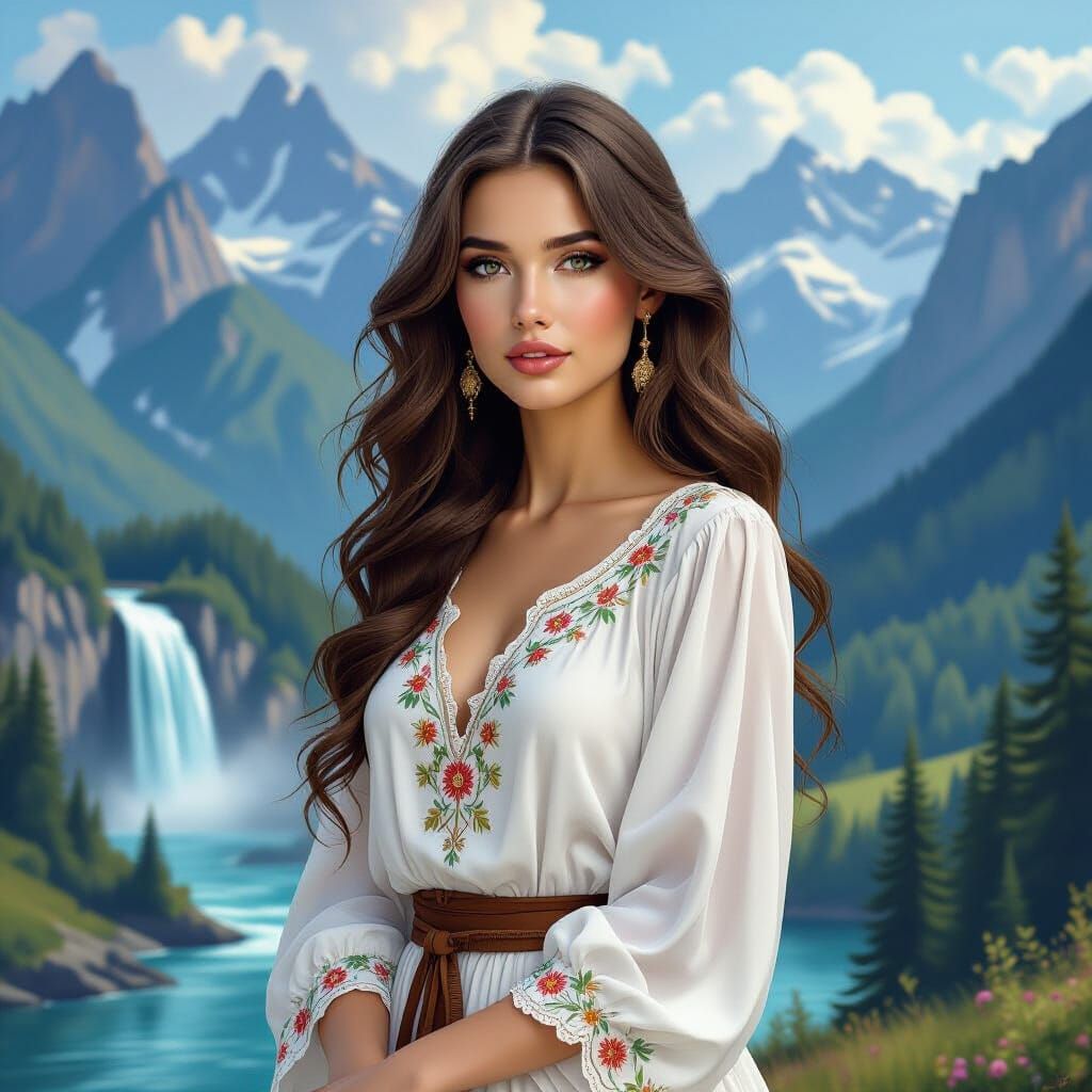 Slavic Woman in Serene Mountain Landscape