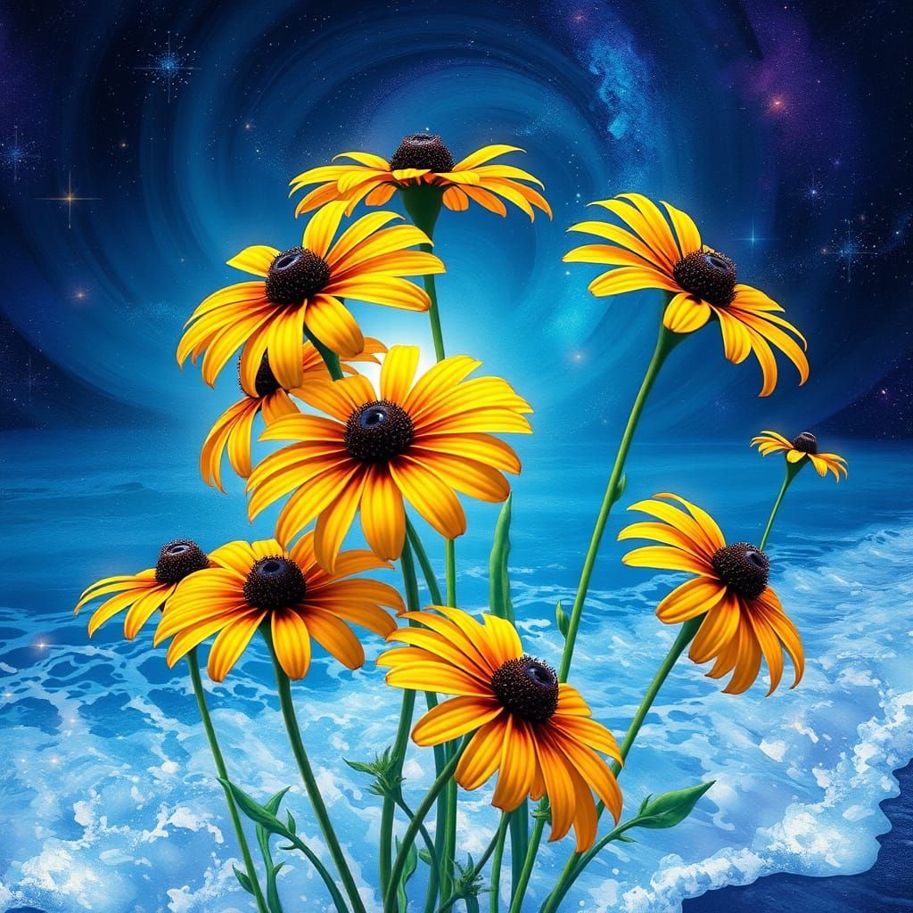 Swaying Black-Eyed Susans in Ethereal Harmony with Cosmic Wa...