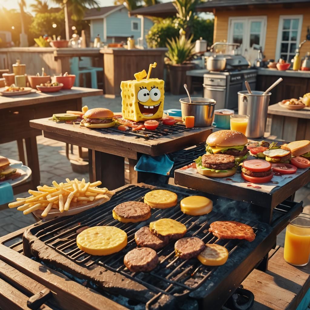 SpongeBob's Beachside Culinary Adventure: An Oil Painting