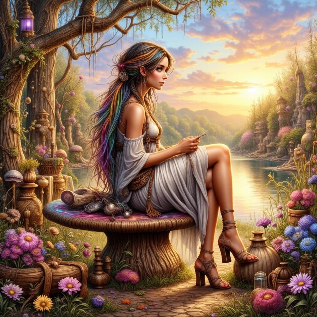 Enchanted Fairy Queen Sits on a Rainbow Mushroom Throne