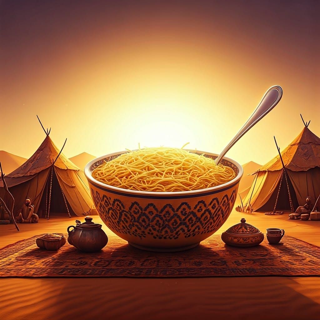 Tuareg Camp Oasis: Gigantic Soup in Desert, Pixar Style