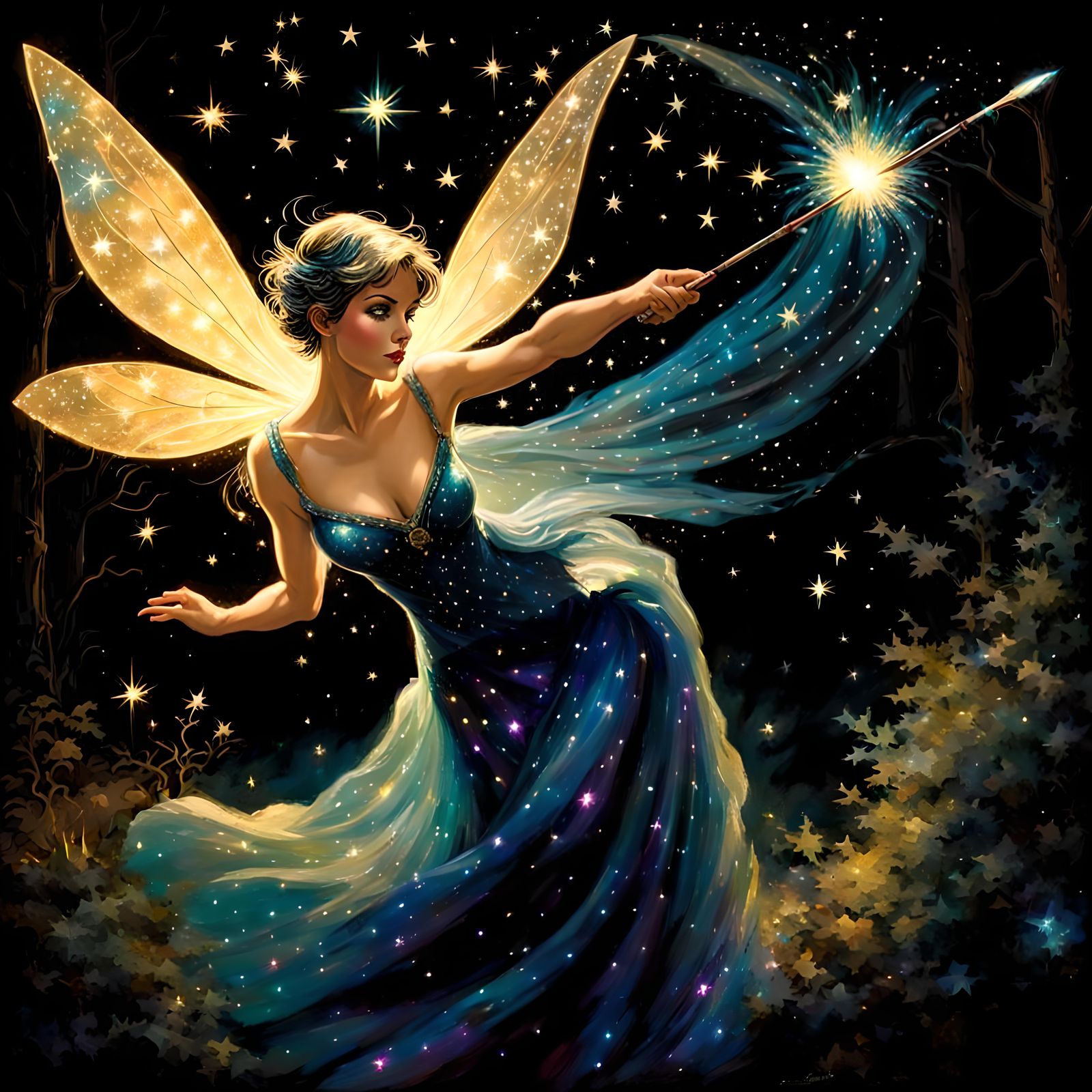 Beautiful fantasy pixie  flying about the magical forest sca...