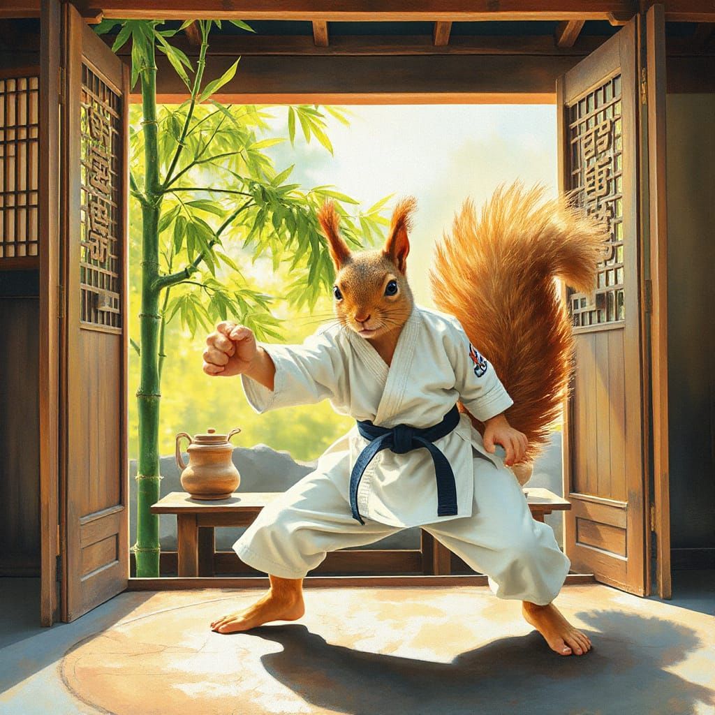 Squirrel Karate Master in Gouache Style Dojo