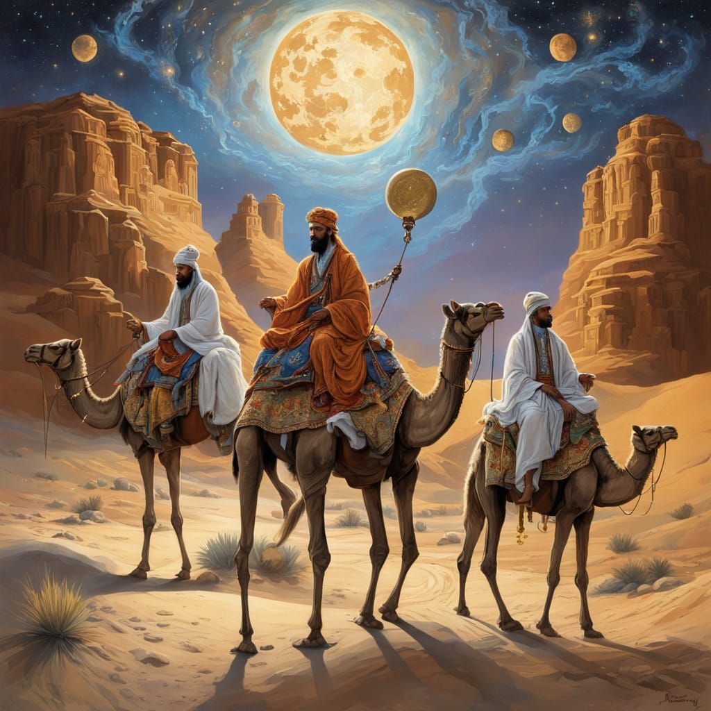 Three Wise Men Ride Camels in Moonlit Desert