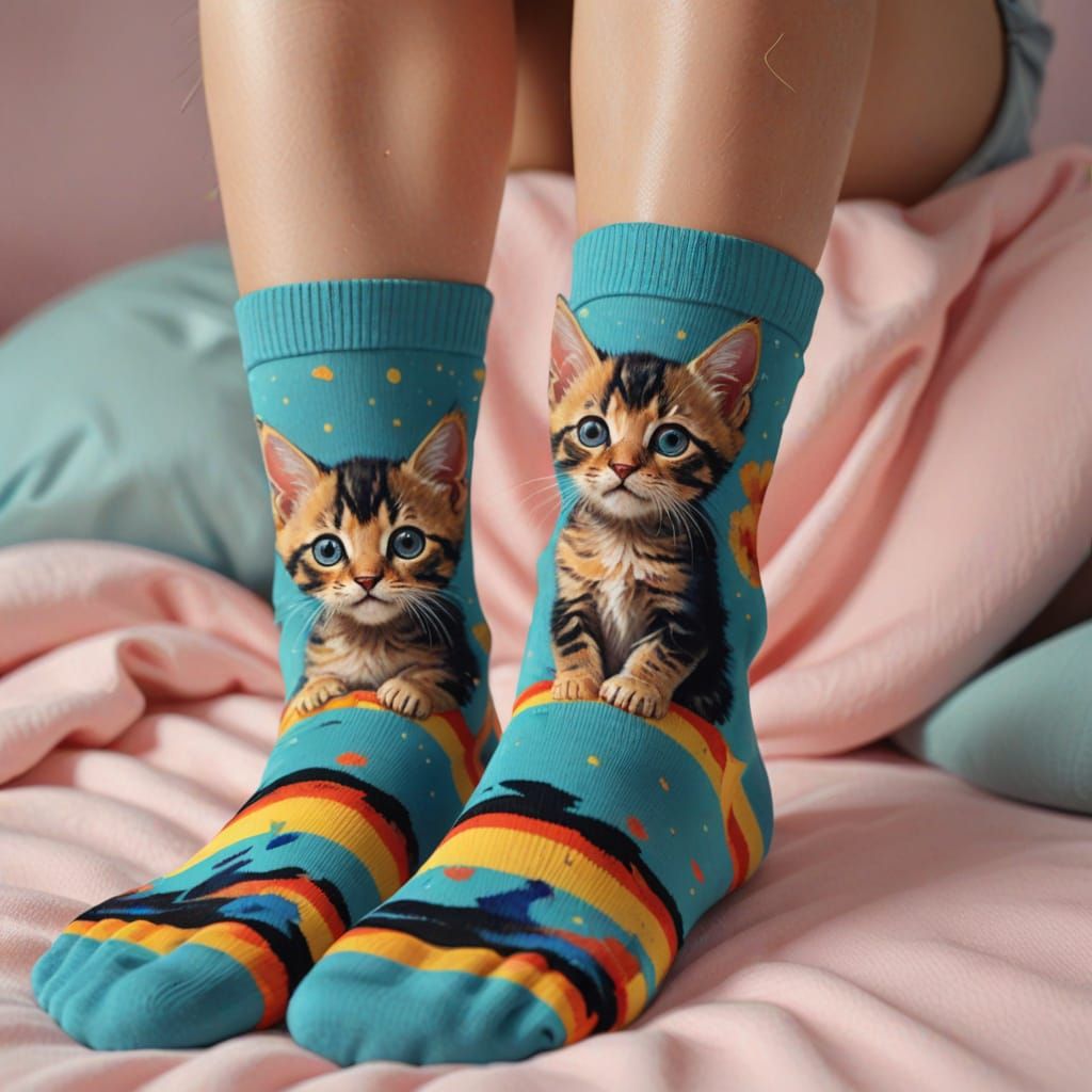 Kitten Socks in Vibrant Digital Oil Painting Style