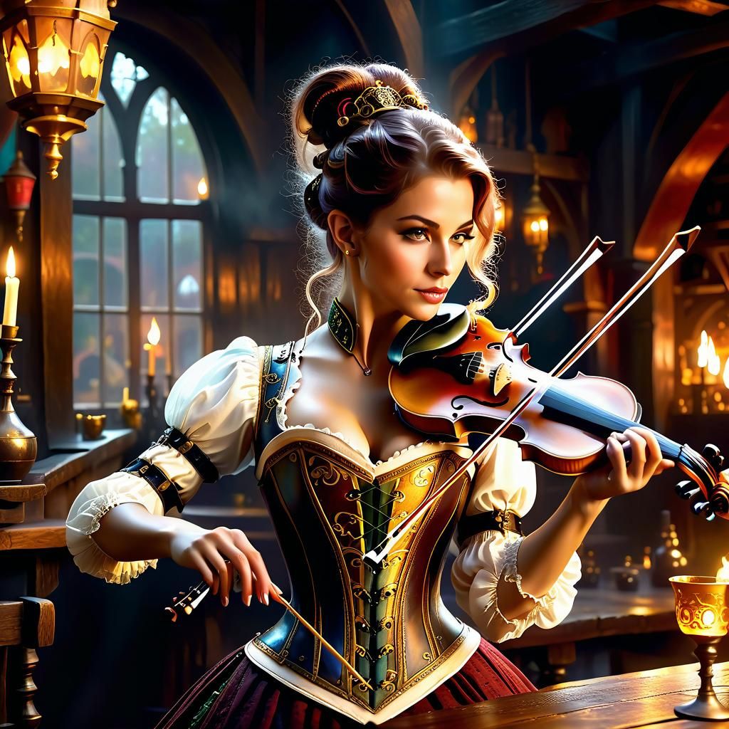 Steampunk Tiefling Bard in Tavern, Cinematic Oil Painting