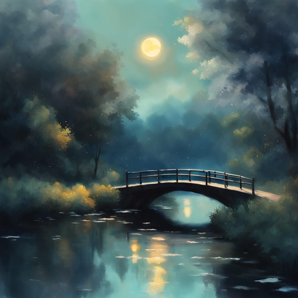 Impressionist Bridge at Night with Golden Light