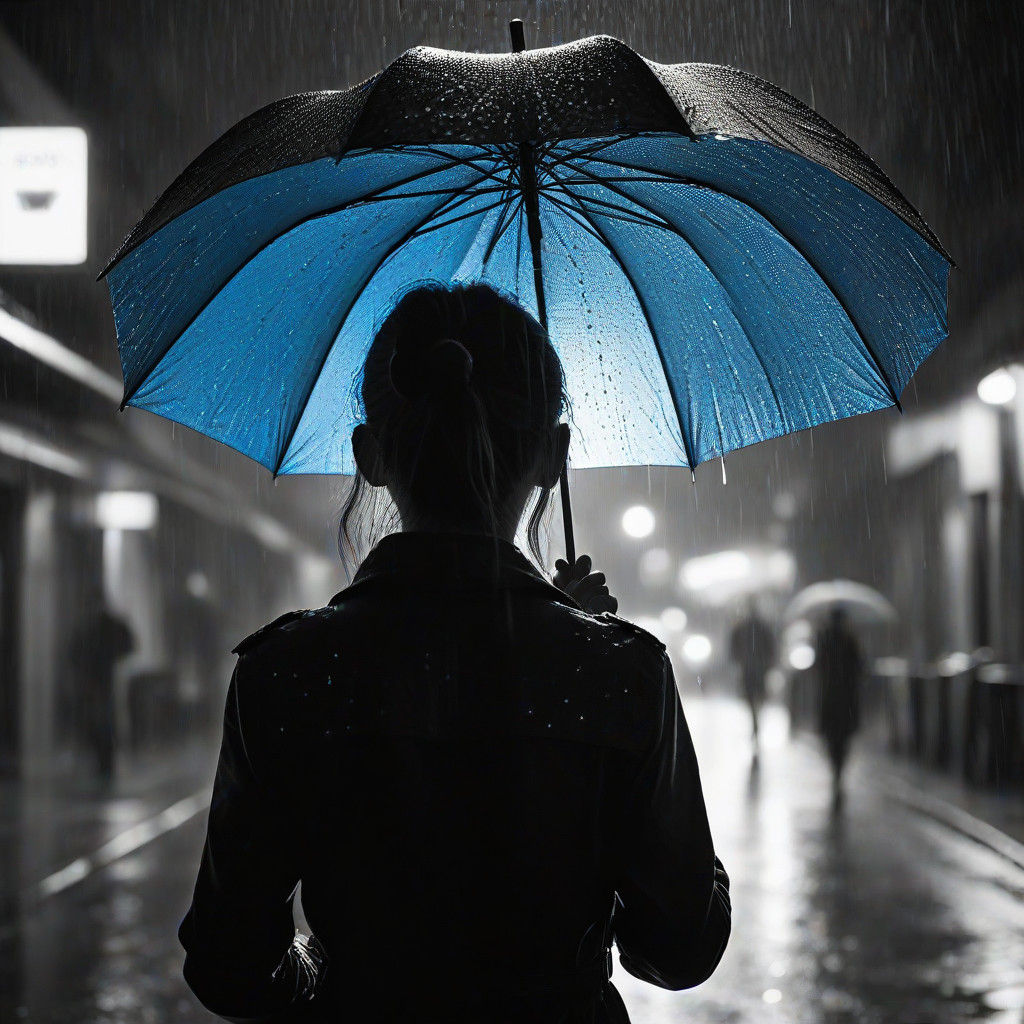 Monochrome Umbrella Blooms in Rainy Night
