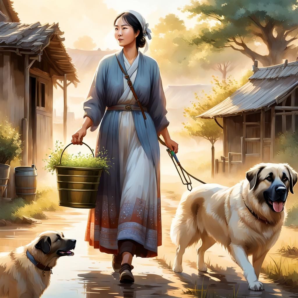 Peaceful Farm Scene with Woman and Anatolian Shepherd