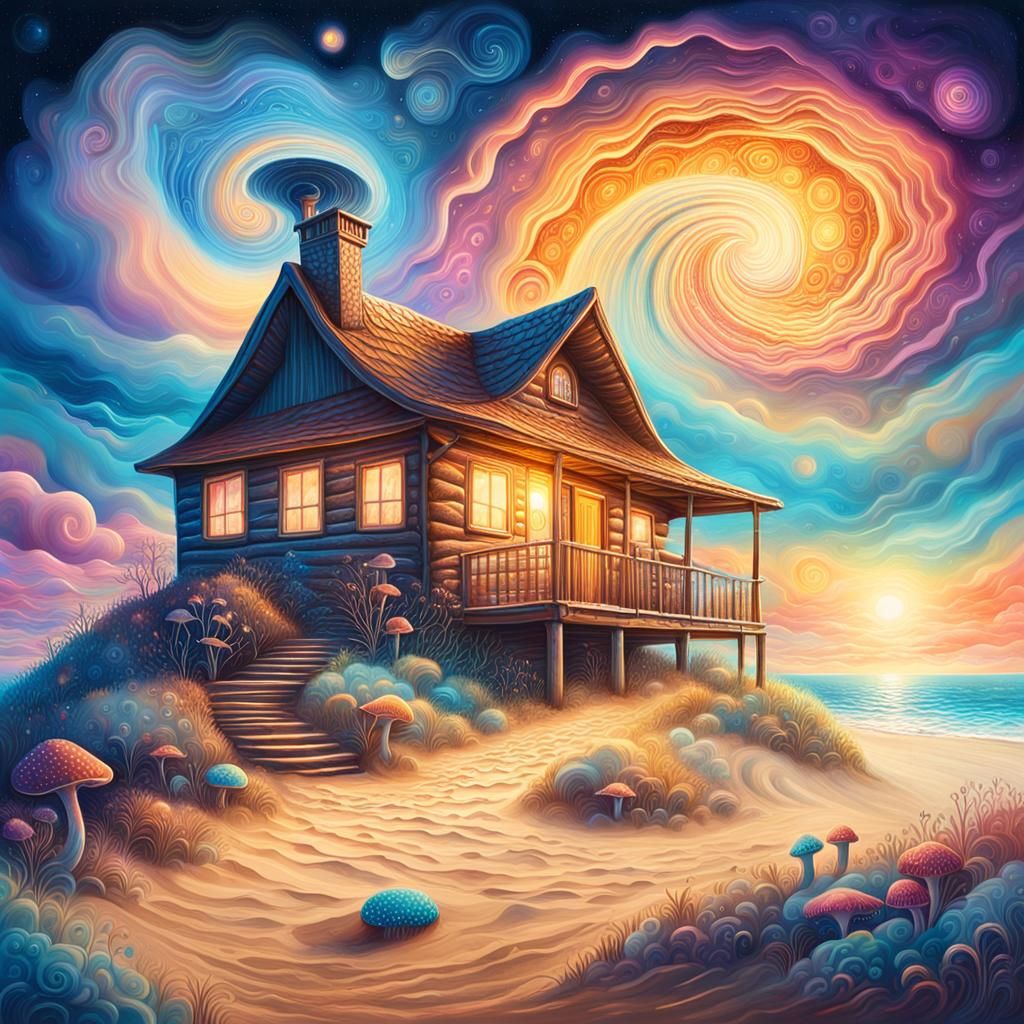 Cosmic Cottage Overlooking Sandy Beach in Shamanic Art Style