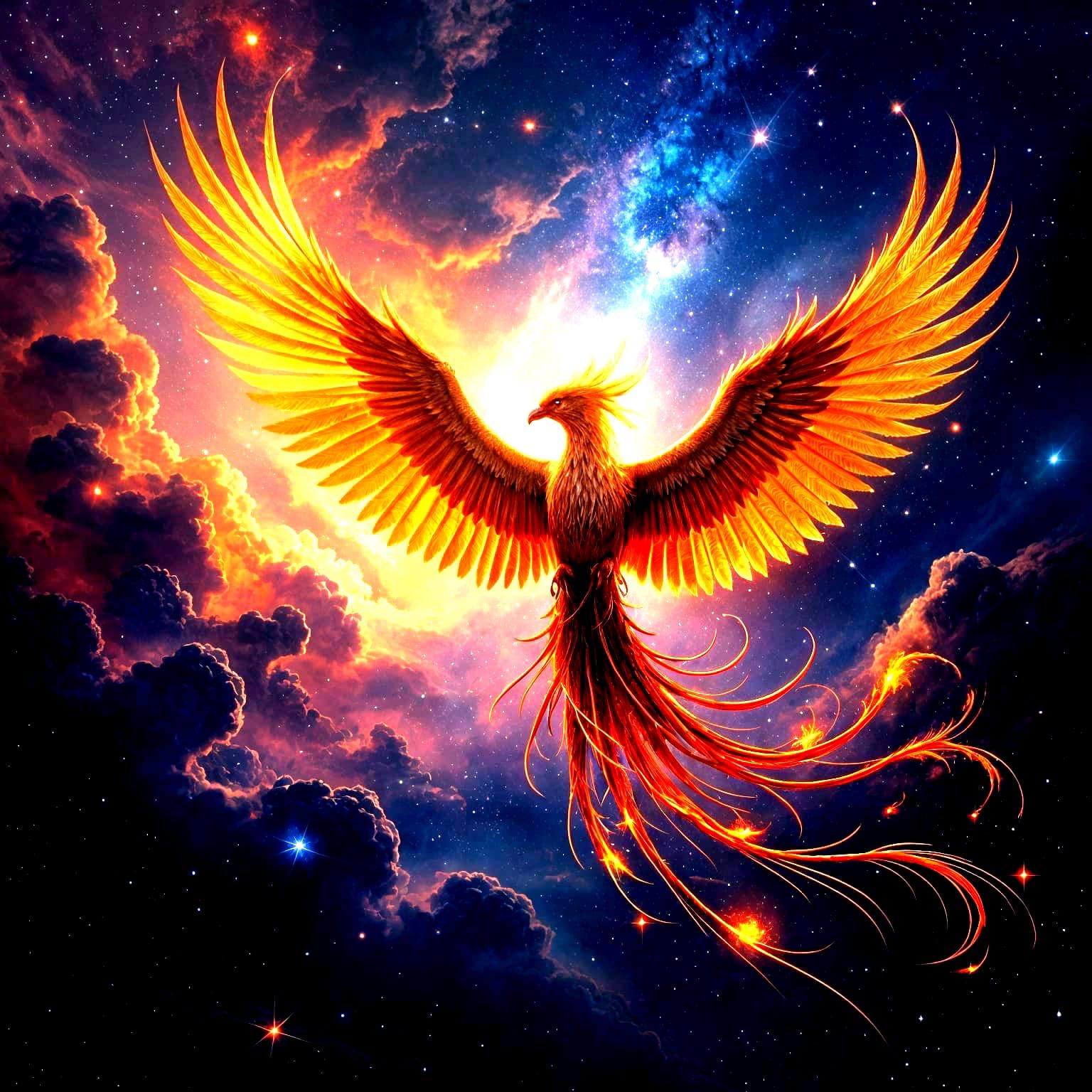 Majestic Phoenix Soaring Through Nebula Sky