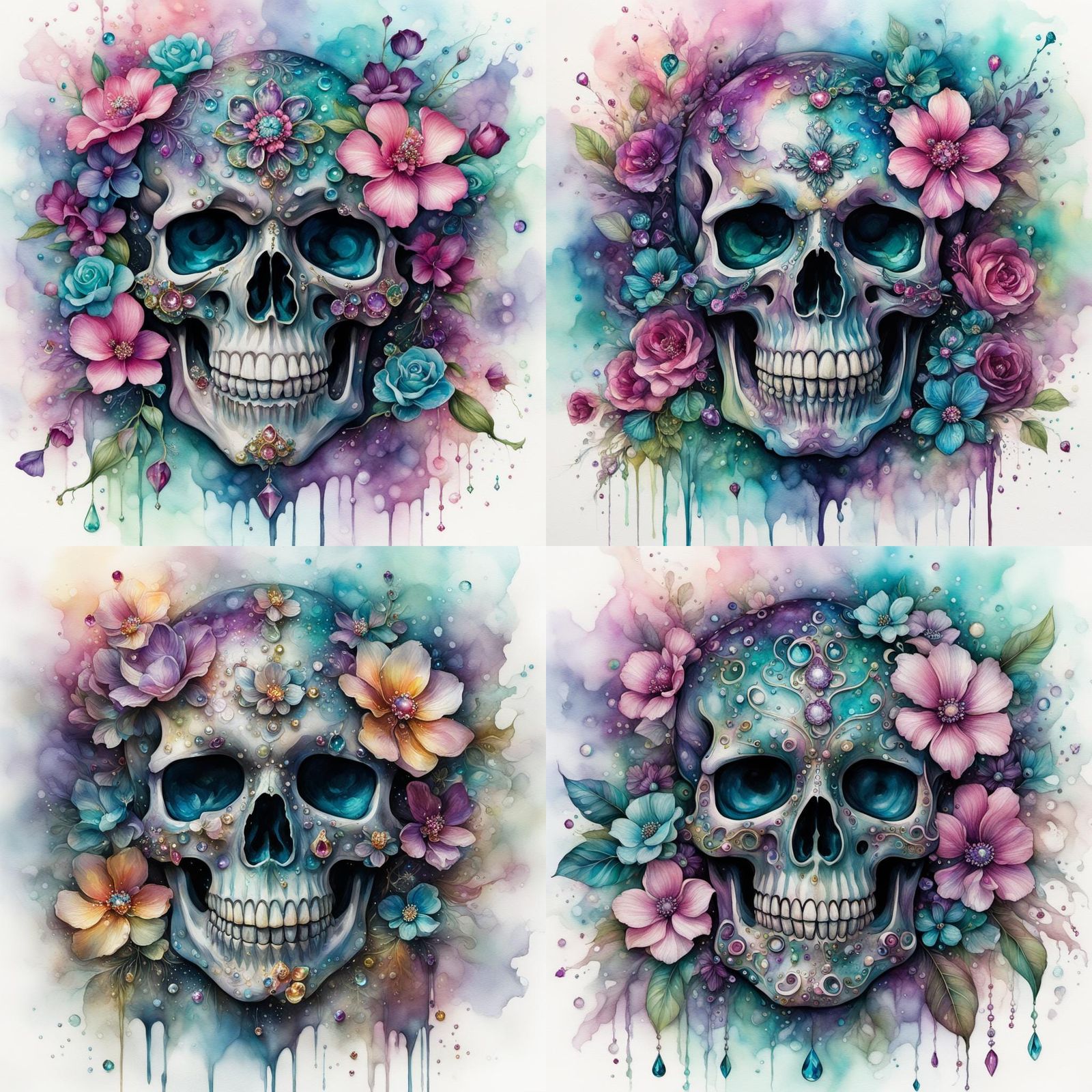 Jeweled Skull with Flowers in 70s Watercolor Style