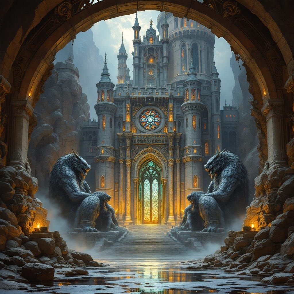 Majestic Castle with Mythical Statues in Fantasy Style