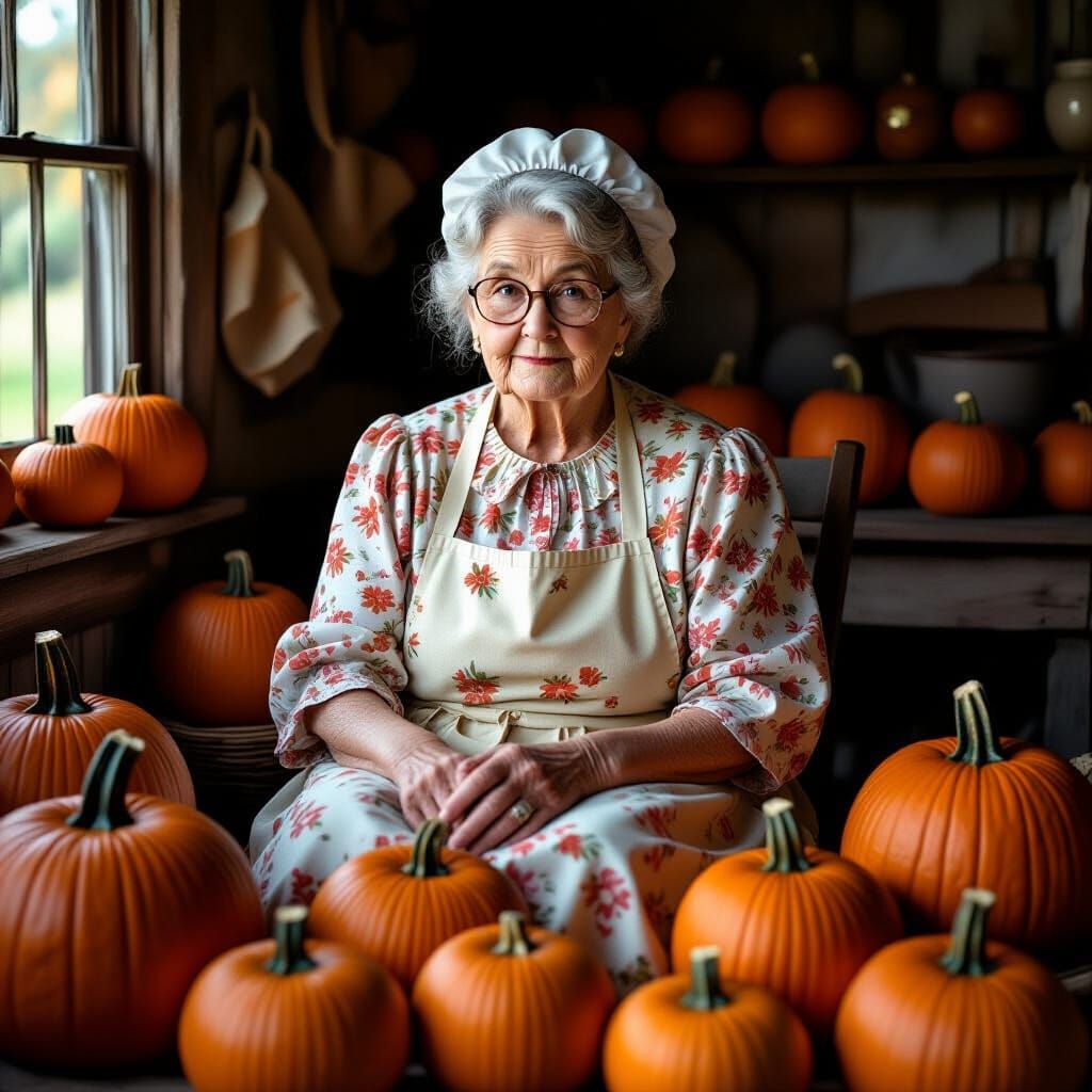 Old Lady Surrounded by Pumpkins in Candlelit Rustic Scene