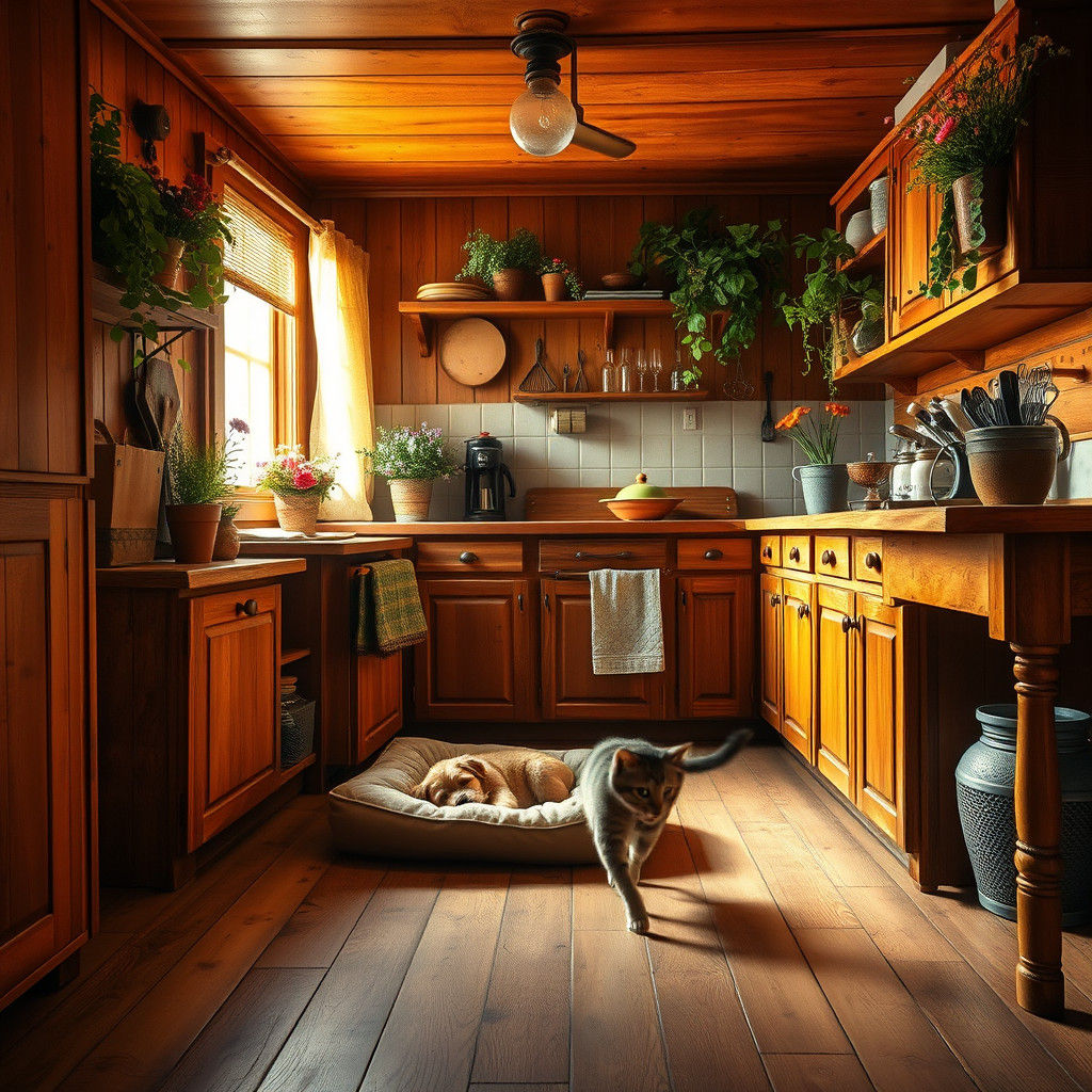 Rustic Cabin Kitchen with Puppy in Golden Light