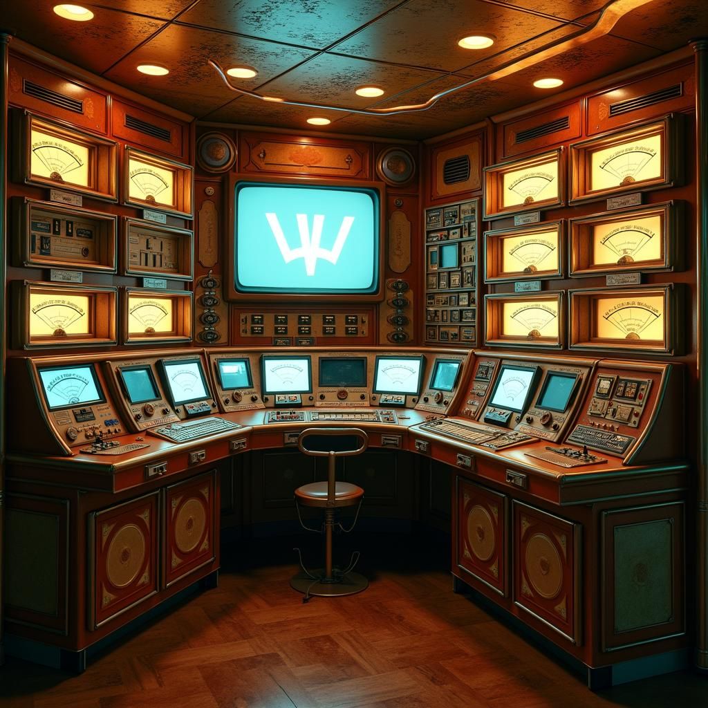 Retro-Futuristic Control Room in Art Deco Style