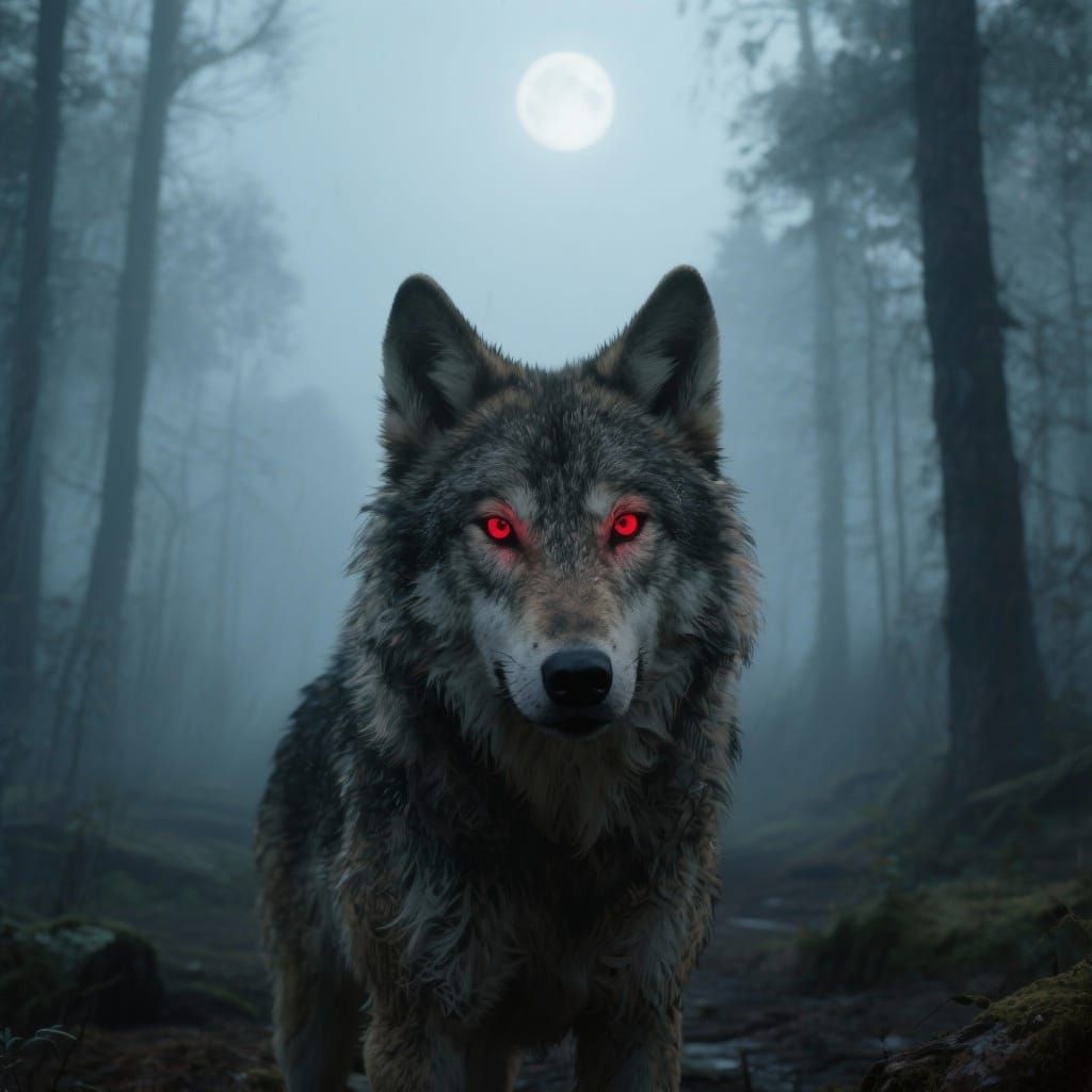 Intense Wolf Portrait in Misty Moonlit Woods