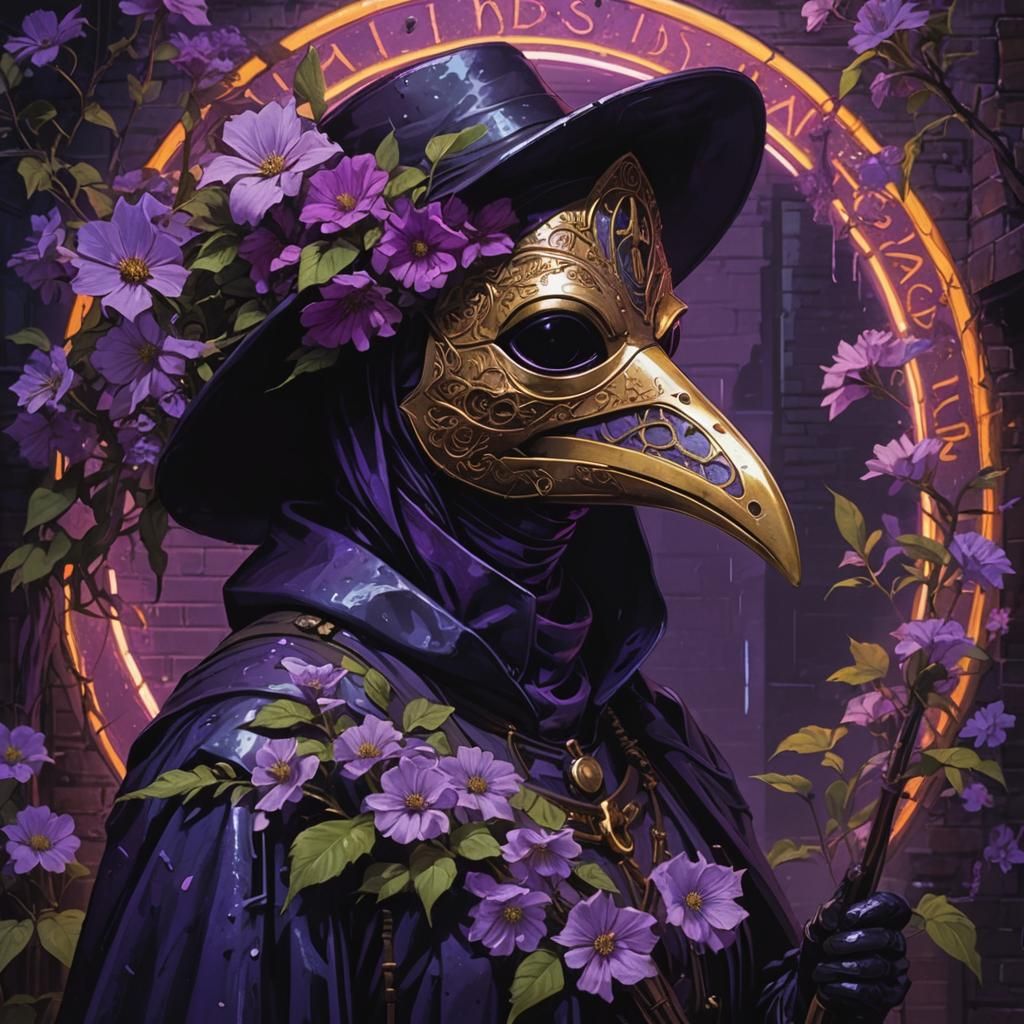 Violet Plague Doctor in Cyberpunk Neon Alleyway