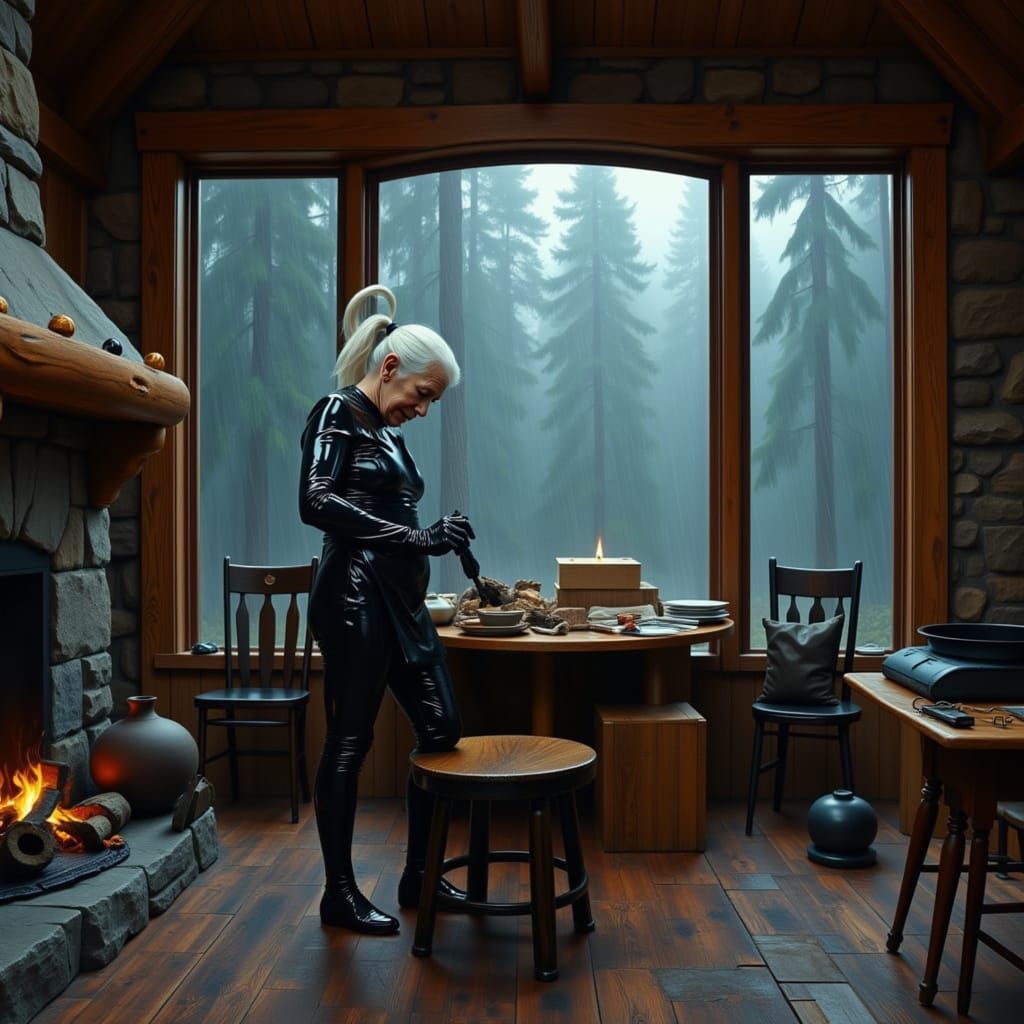 Elderly Woman in PVC Catsuit Stoking Fireplace in Misty Fore...