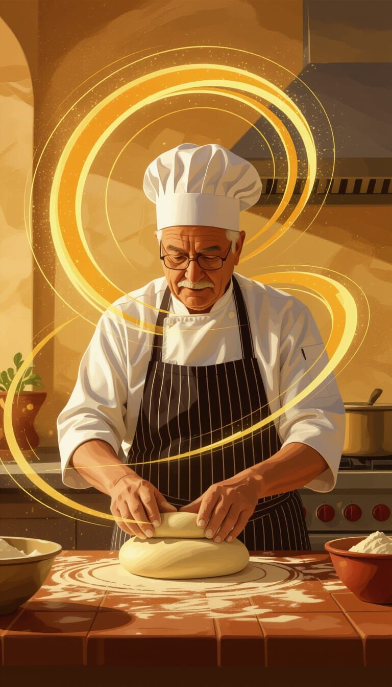 Master Italian Chef's Creative Flow in Warm Painterly Style