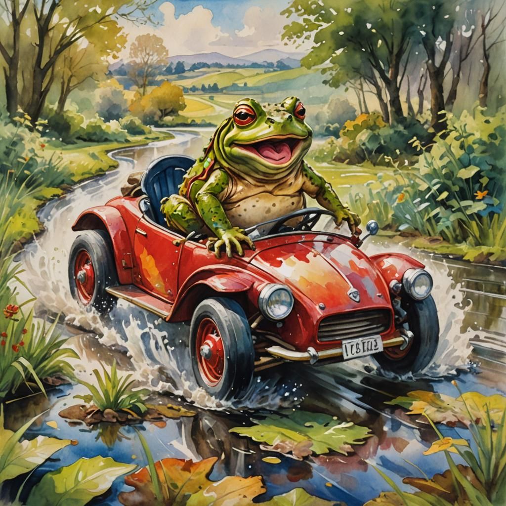 Happy Toad Drives Motorcar: Oil and Watercolor