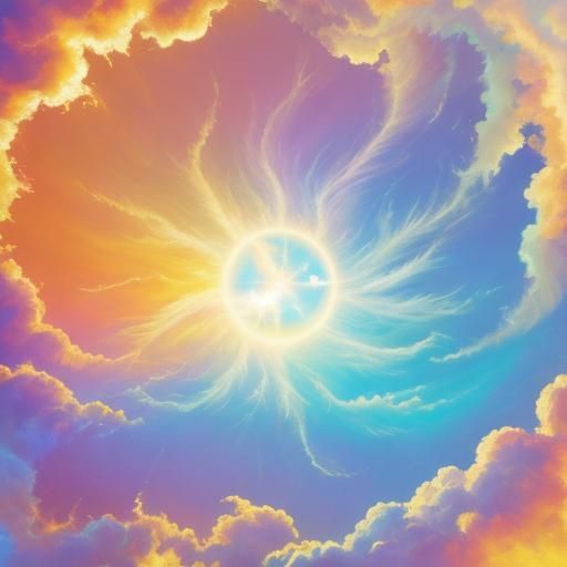 Divine Entity in Neon Clouds: Surreal Gouache Painting