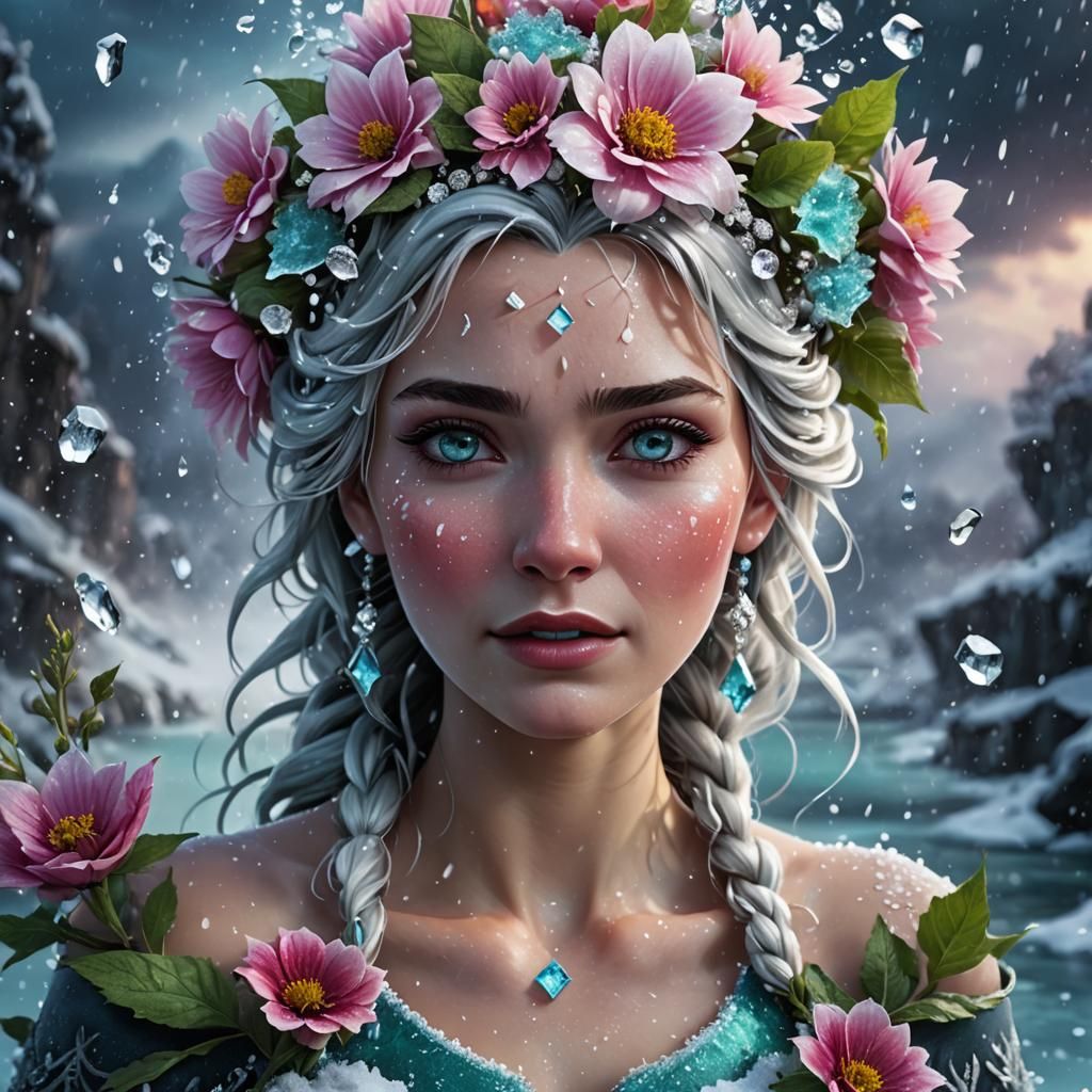 Crying Girl with Spring Water Flowers: Detailed Digital Art