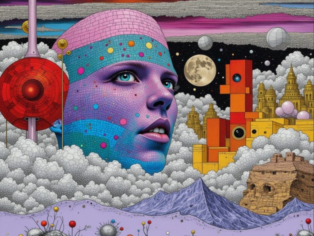 Moebius Style Comic with Cyberpunk Glitch Elements