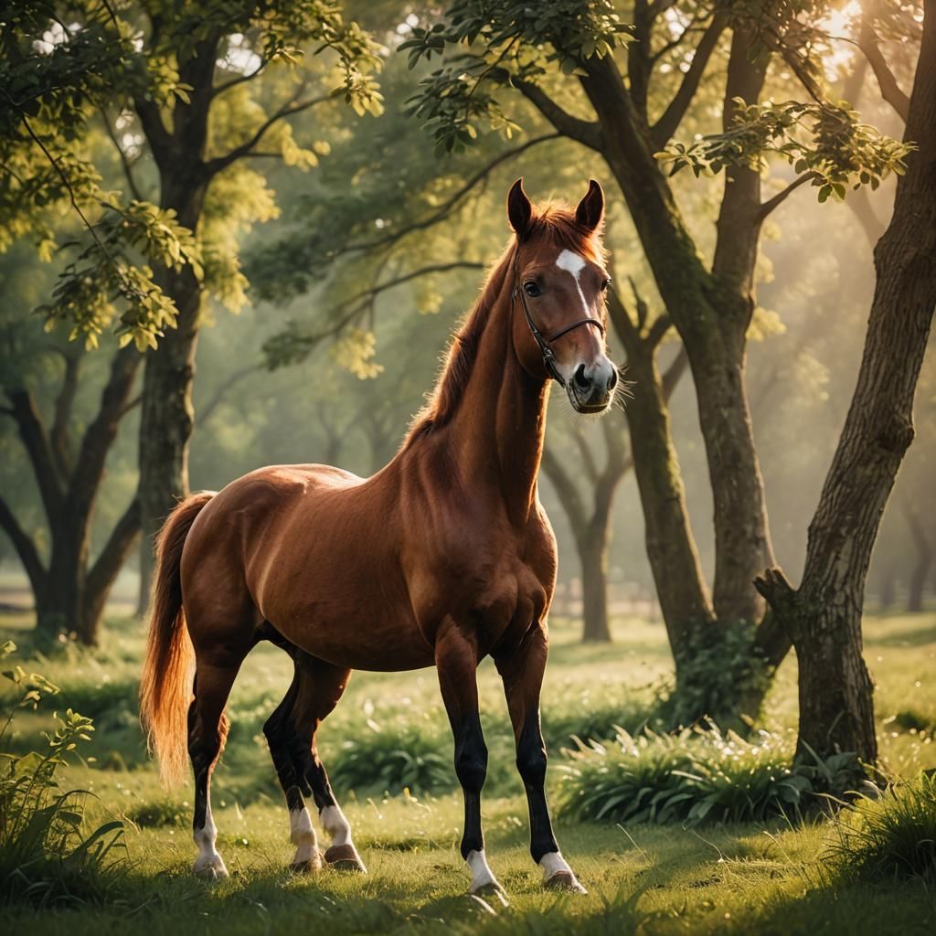 Chestnut Colt Portrait in Lush Pasture: Macro Photography