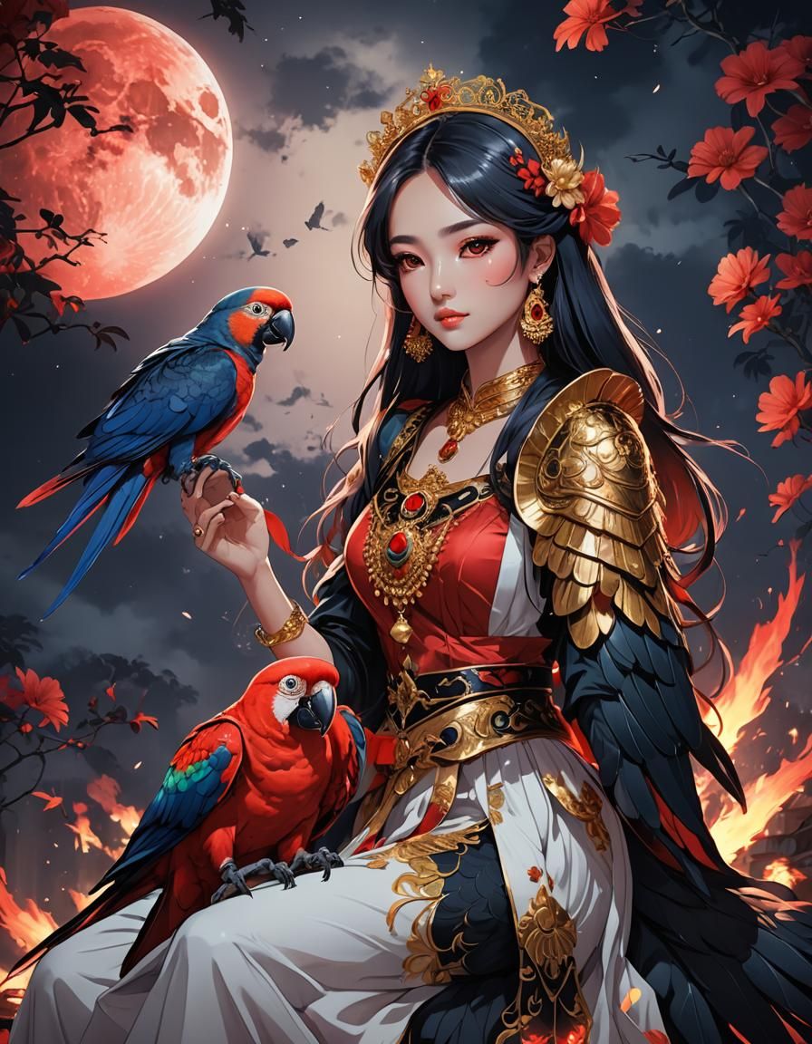 Indonesian Princess with Parrot in Holographic Flames