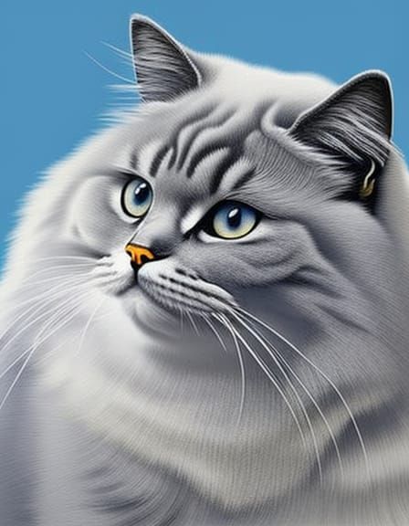 Grey Fluffy Cat in Autumn, Impressionist Gouache Style