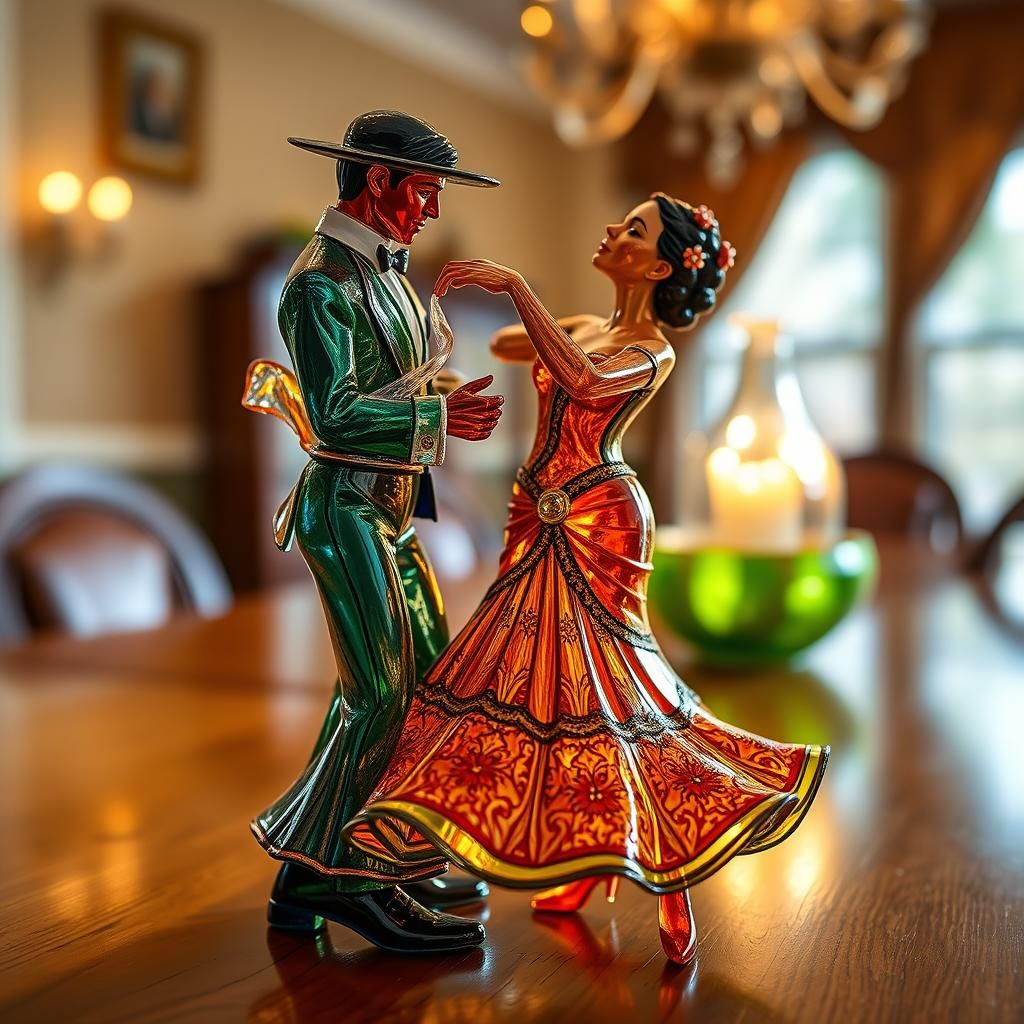 Enameled Glass Flamenco Dancers on Wooden Table