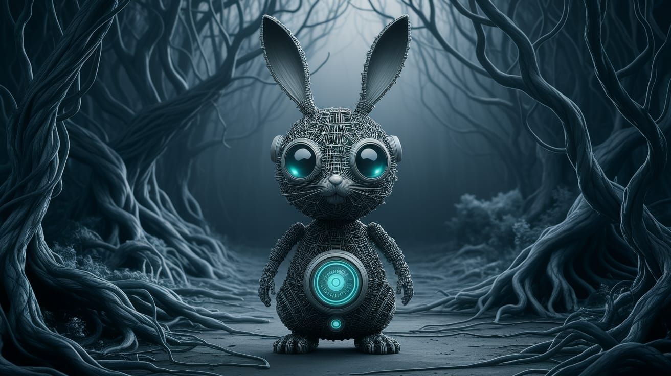 Technological Wire Bunny Sculpture in Twisted Forest