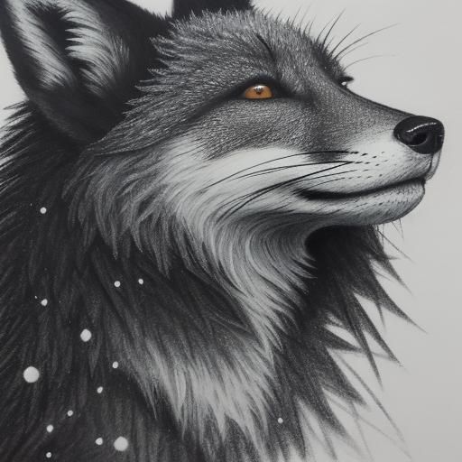 Fox Kit Gazing at Starry Sky, Charcoal Drawing