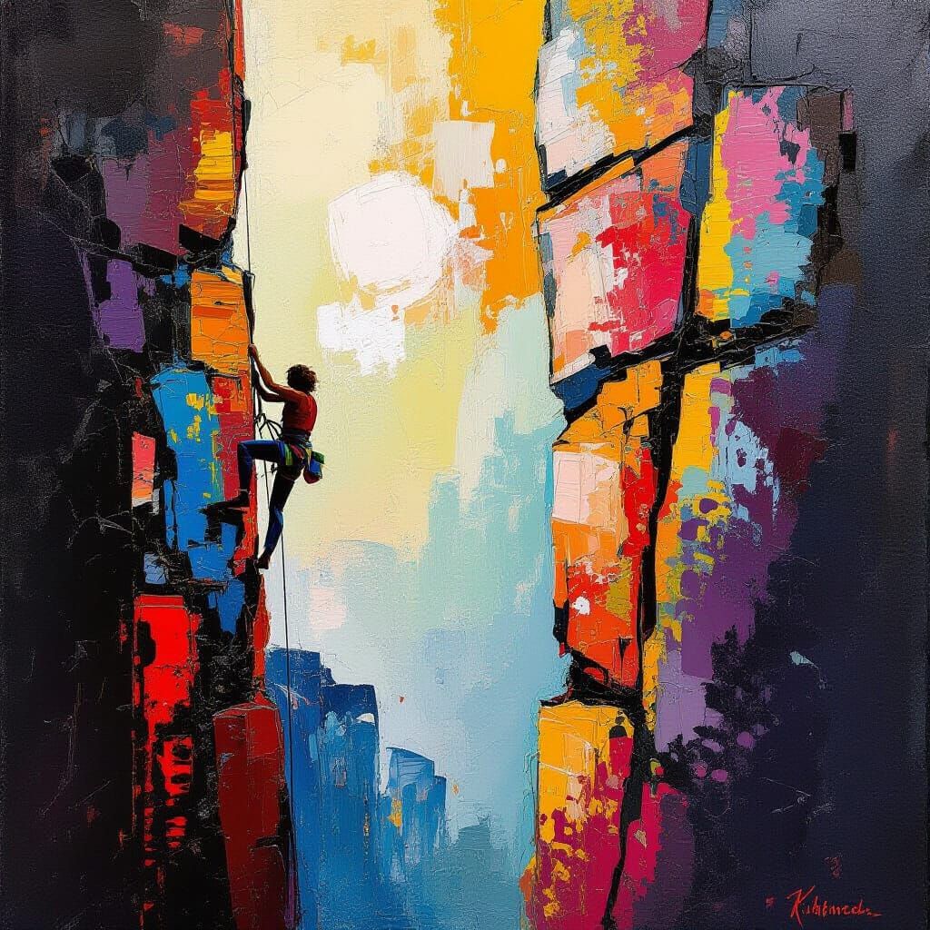 Rock Climber Ascends Cliff in Abstract Expressionist Style