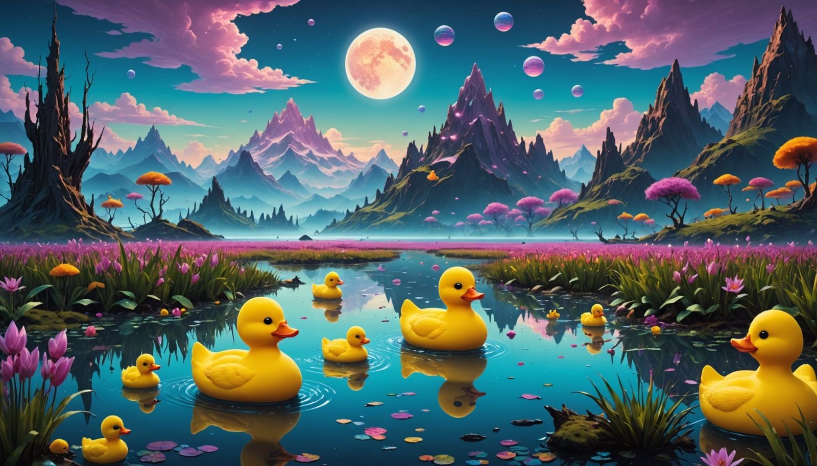 Surreal Rubber Duck Planet Under Neon Skies