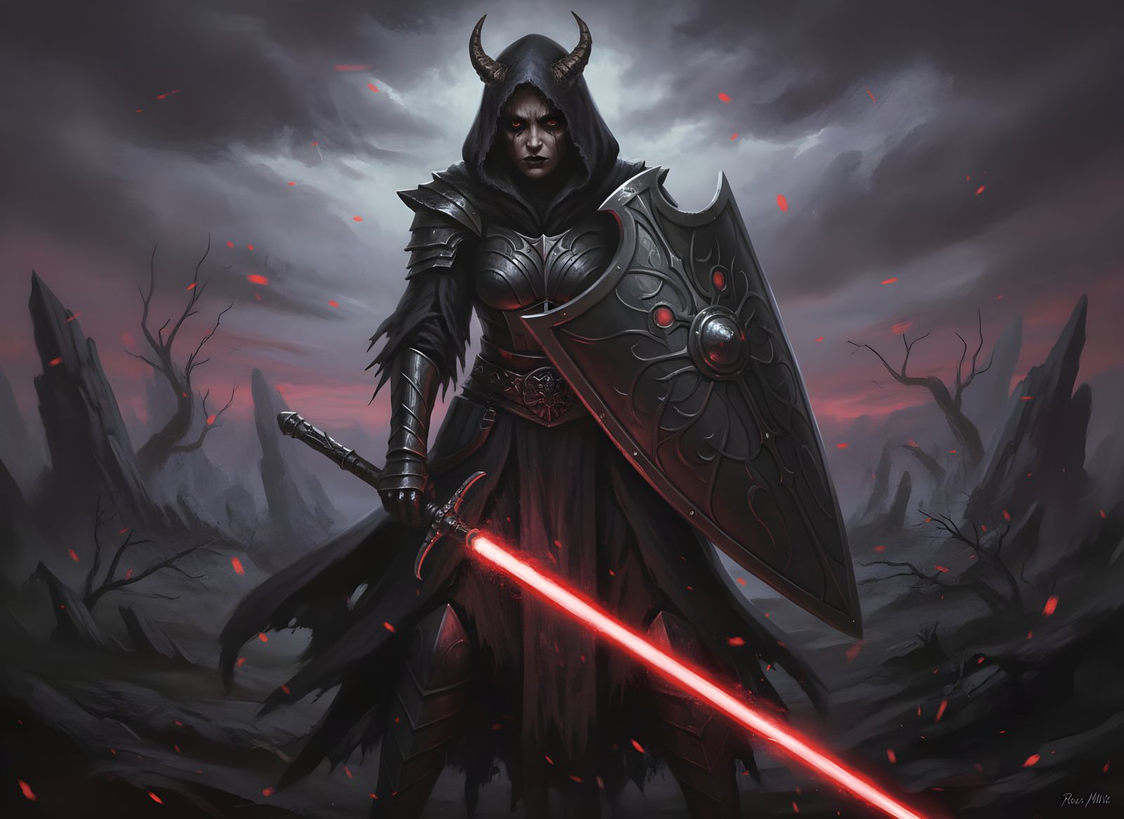 Insecure Sith Warrior with Lightsaber-Spear and Shield