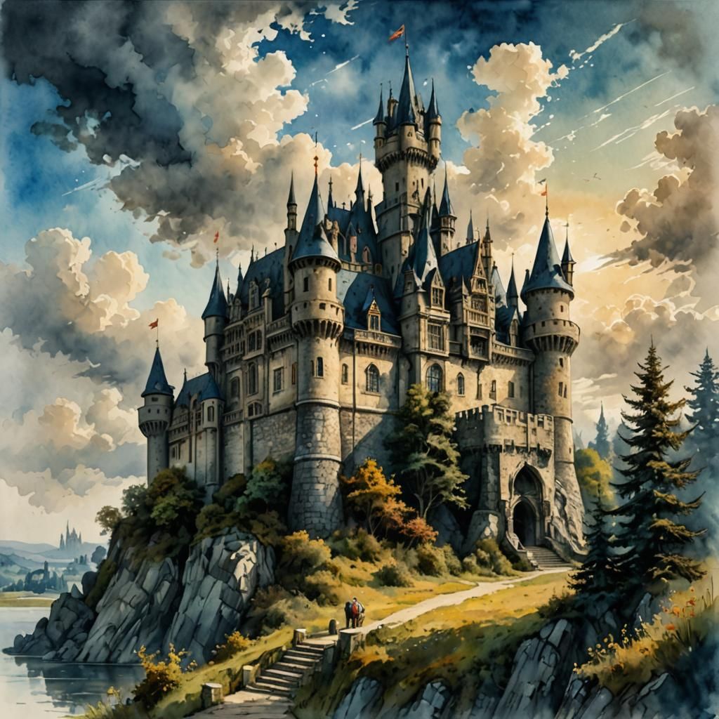 Renaissance Castle: Digital Watercolor Illustration