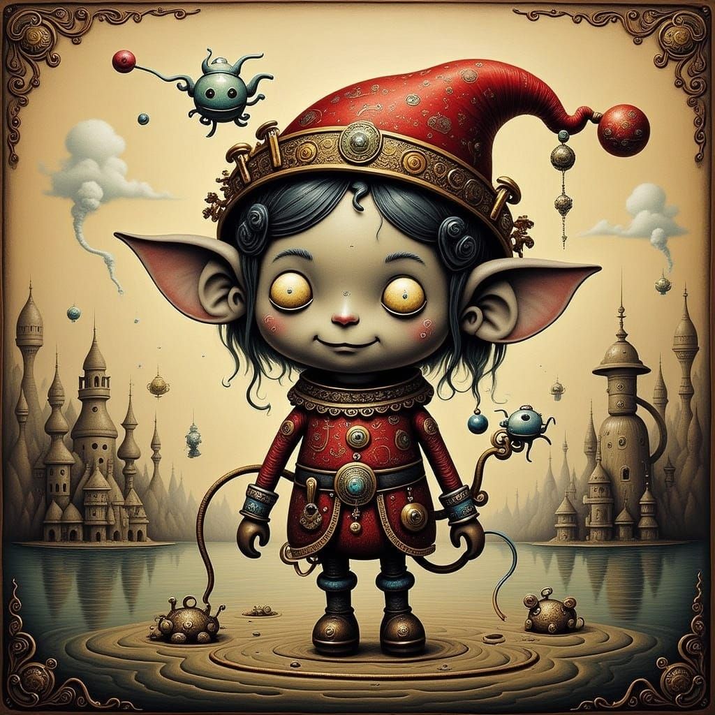 Whimsical Christmas Elf in Pointillist Style, Inspired by Ti...