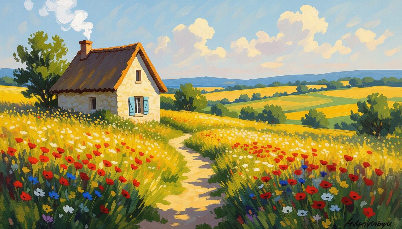 Sun-Drenched French Meadow with Wildflowers and Cottage